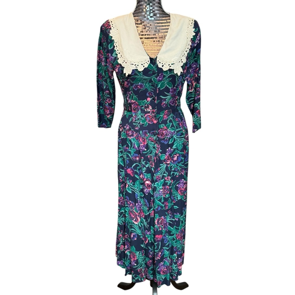 1980s Sarin NY Floral Dress Lace Bib Collar Cottage Prairie Pilgrim Folk MED - Picture 3 of 16